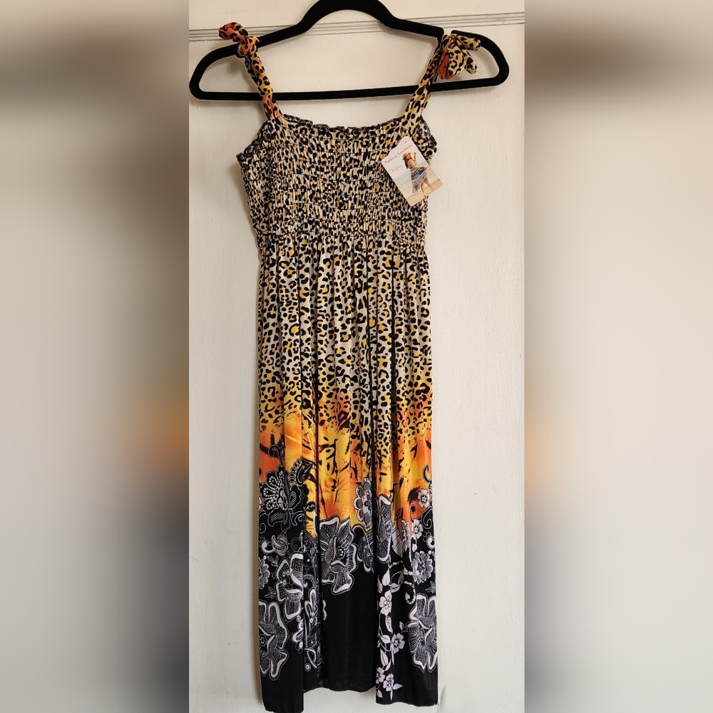 WinWin Sundress Mixed Print Leopard & Floral with Orange/ Black Ombre Fits S-M